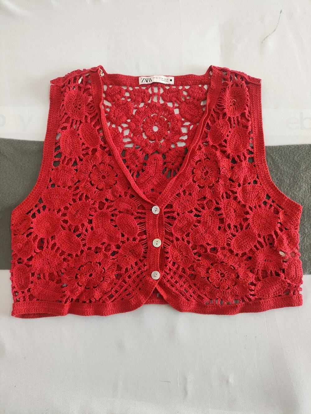 Zara Red Crochet Button-Up Cotton top Floral Bohemian Short Sleeve Top 2XL (LG)